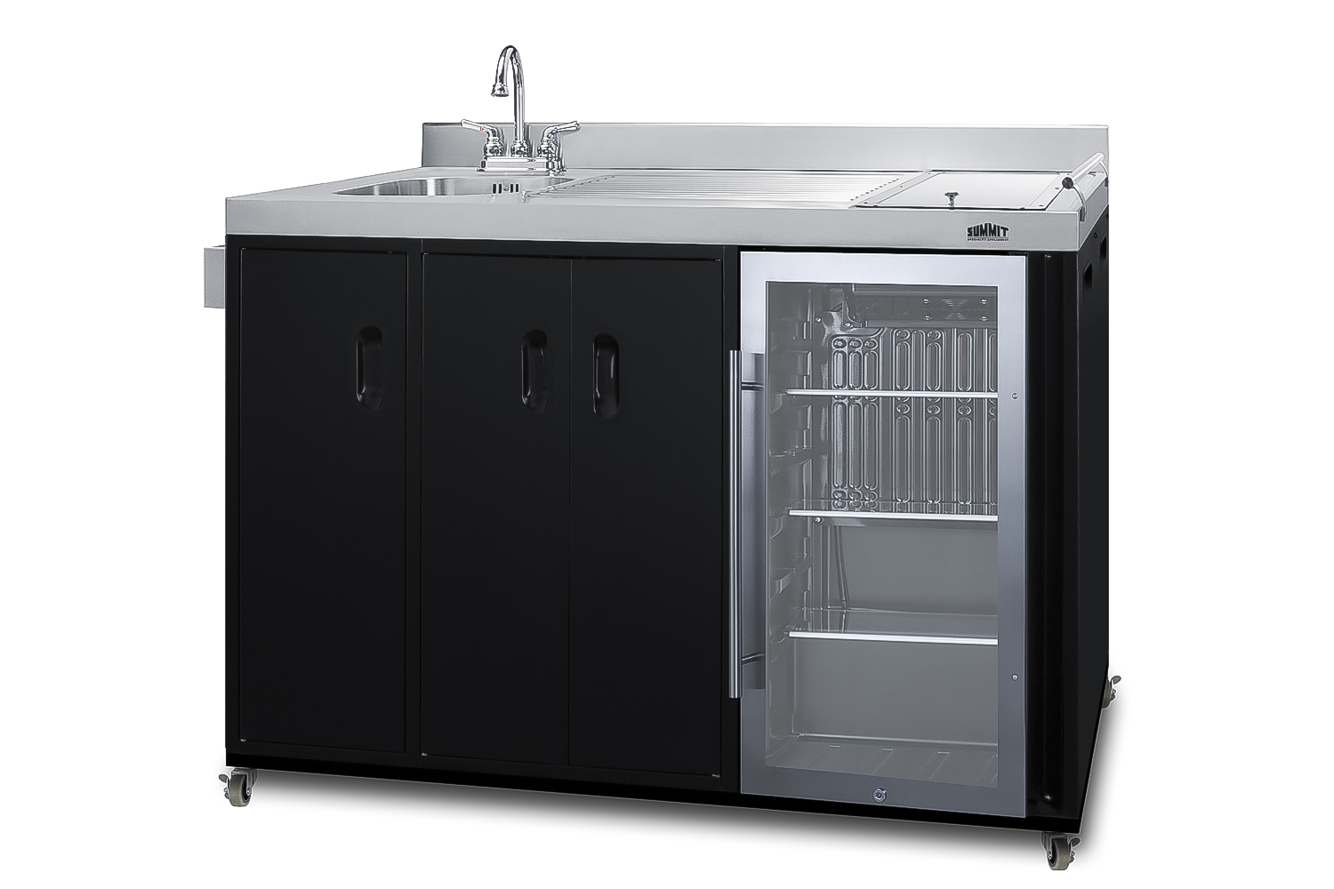 Mobile outdoor serving station with refrigerator, sink, storage cabinet, and slide-out waste bins